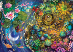 Lantern Light puzzle artwork by Rose Cat Khan: a glowing brass lantern on a succulent island above koi and water lilies