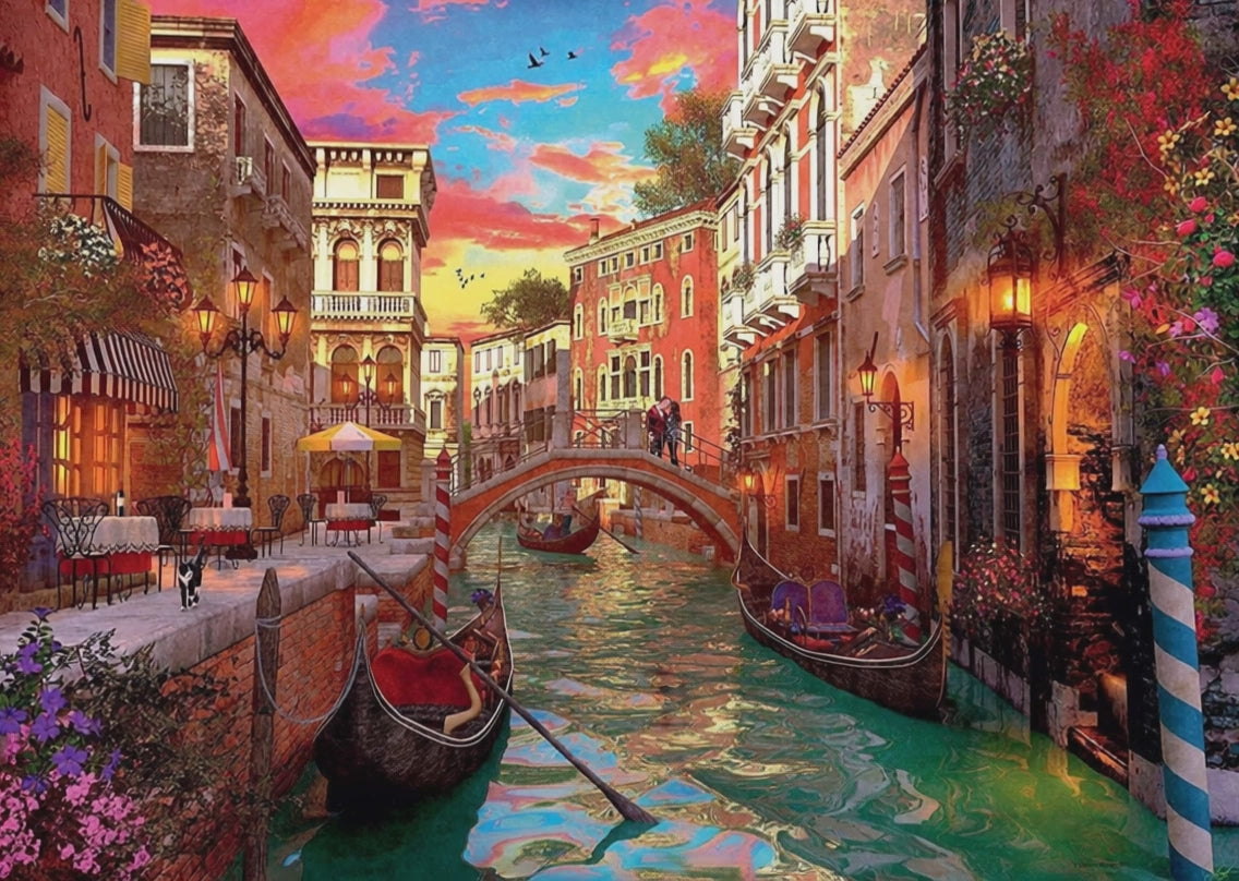 Ravensburger Venice Romance 1000 piece puzzle artwork brought to life, the canal moving at sunset